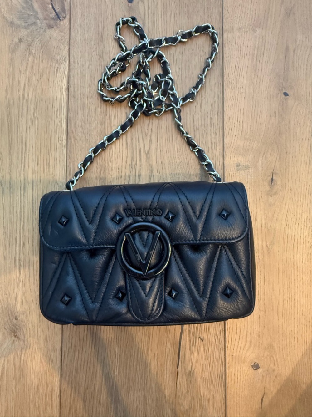 Valentino Black Quilted Leather Crossbody Bag with Chain Strap